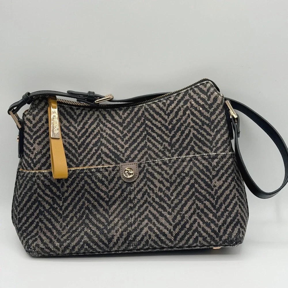 Spartina 449 Herringbone Shoulder Black Boho Chic Coastal Artisan Linen Leather